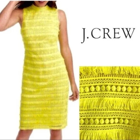 J. CREW Women Yellow Sheath Dress US 4 Fringe Lace Sleeveless Knee Leng… - Picture 3 of 9